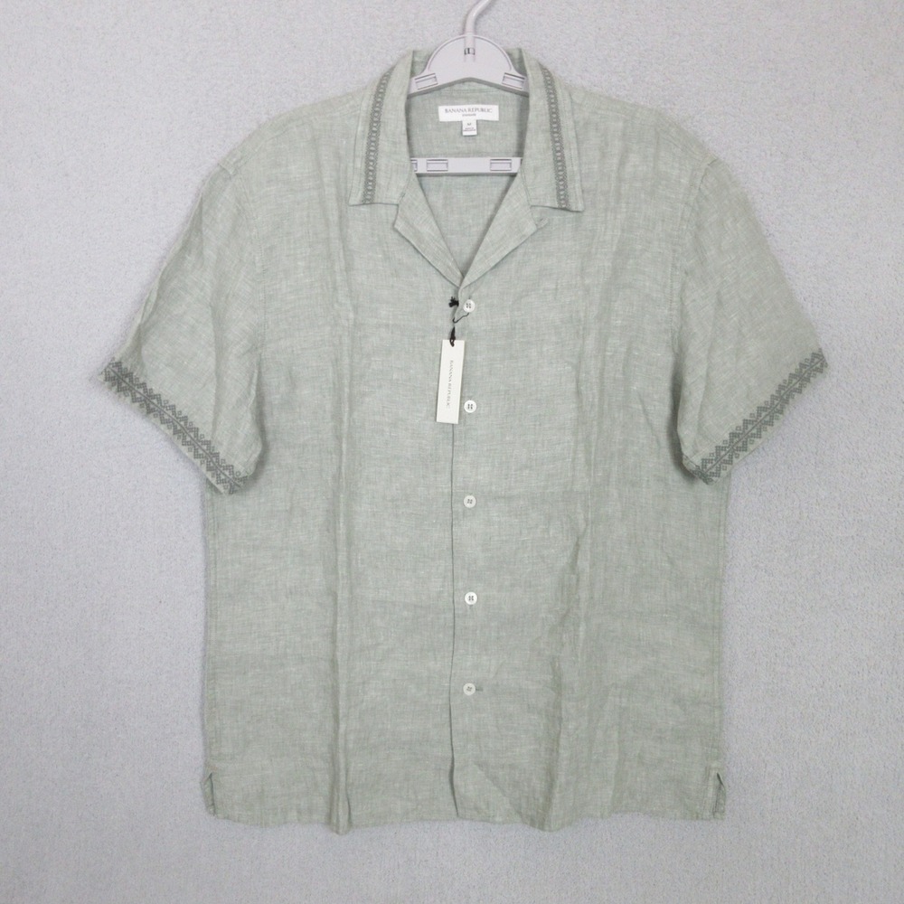 Banana Republic Mens M Sage Green Embroidered Linen Camp Shirt European Flax NWT